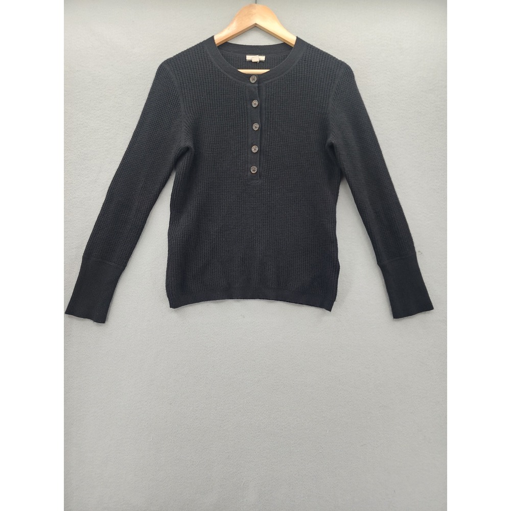 J.Crew Black 100% Cashmere Waffle Knit Henley Sweater Top Small Premium Luxury